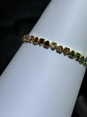 LIV 18k Gold Sterling Silver Rainbow Sapphire Heart Shape Halo Tennis Bracelet 7" L