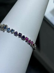 LIV Platinum Sterling Silver Rainbow Sapphire Heart Shape Halo Tennis Bracelet 7" L