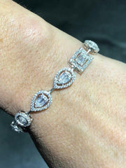 LIV Platinum Sterling Silver Simulate Sapphire Baguette Halo Design Tennis Bracelet