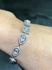 LIV Platinum Sterling Silver Simulate Sapphire Baguette Halo Design Tennis Bracelet