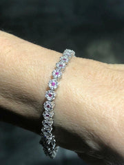 LIV Platinum Sterling Silver Red & White Sapphire Flower Halo Stack Tennis Bracelet