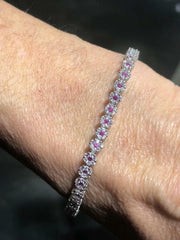 LIV Platinum Sterling Silver Red & White Sapphire Flower Halo Stack Tennis Bracelet