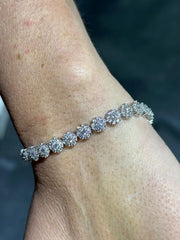 LIV Platinum Sterling Silver White Sapphire Round Flower Halo Tennis Bracelet 7" L