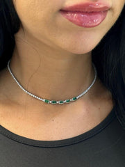 LIV 14k White Gold Natural Green Emeralds & Diamonds Unique Choker Tennis Necklace