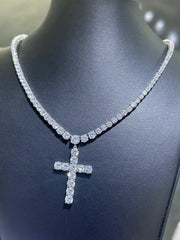 LIV Platinum Sterling Silver Cross Design Simulated White Sapphire Tennis Necklace