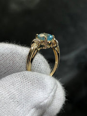 LIV 14k Yellow Gold & Diamonds Blue Topaz Solitaire Halo Design Band Ring Size 6.5