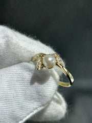 LIV 14k Solid Yellow Gold Diamonds & Pearl Hand Made Vintage Floral Band Ring Size 6.5