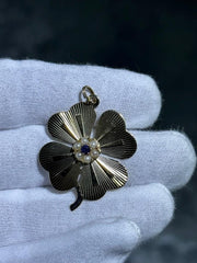 LIV 14k Yellow Gold Purple Amethyst & Pearl Four Leaf Clover Vintage Charm Pendant