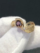 LIV 14k Yellow Gold and Genuine Diamond and Red Garnet Flower Leaf Design Band Ring Sz 6