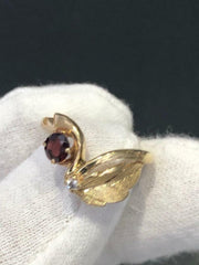 LIV 14k Yellow Gold and Genuine Diamond and Red Garnet Flower Leaf Design Band Ring Sz 6