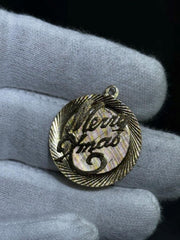 LIV 14k Yellow Gold Merry Xmas Vintage Round Halo Laser Cut Charm Pendant Gift