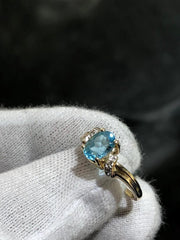 LIV 14k Yellow Gold Diamonds & Blue Topaz Oval Cut Cable Band Ring