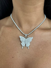 LIV Platinum Sterling Silver White Sapphire Pave Large Butterfly 3mm Tennis Necklace