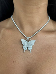 LIV Platinum Sterling Silver White Sapphire Pave Large Butterfly 3mm Tennis Necklace