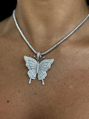 LIV Platinum Sterling Silver White Sapphire Pave Large Butterfly 3mm Tennis Necklace
