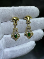 LIV 18k Yellow Gold Green Emerald Oval Cut Halo Vintage Chandelier Earrings 3.9 Gr