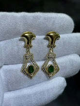 LIV 18k Yellow Gold Green Emerald Oval Cut Halo Vintage Chandelier Earrings 3.9 Gr