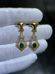 LIV 18k Yellow Gold Green Emerald Oval Cut Halo Vintage Chandelier Earrings 3.9 Gr