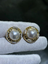 LIV 14k Yellow Gold & Diamonds Mabe Pearl Halo Vintage French Back Earrings Gift