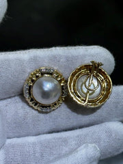 LIV 14k Yellow Gold & Diamonds Mabe Pearl Halo Vintage French Back Earrings Gift