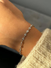 LIV 14k Yellow Gold Natural White Diamonds Paper Link Unique Halo Tennis Bracelet 7"