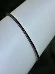 LIV Platinum Sterling Silver Black Sapphire Thin Halo Eternity Bangle Bracelet 7"L