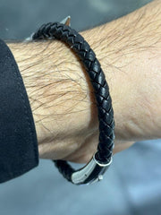 LIV Black Braided Leather Men's Nail Design Stack Stainless Steel Bracelet Gift 8" L