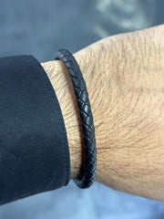 LIV Black Braided Leather Men's Stack Design Stainless Steel Black Lock Bracelet