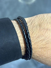 LIV Black Braided Leather Men's Wrap Design Stainless Steel Stackable Bracelet Gift