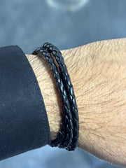 LIV Black Braided Leather Men's Wrap Design Stainless Steel Stackable Bracelet Gift