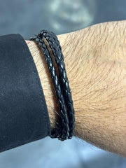 LIV Black Braided Leather Men's Wrap Design Stainless Steel Stackable Bracelet Gift