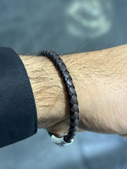 LIV Black & Brown Braided Leather Men's Snap In Lock Stainless Steel Stack Bracelet