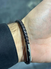 LIV Black & Brown Braided Leather Men's Snap In Lock Stainless Steel Stack Bracelet