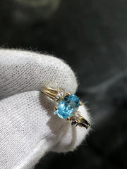 LIV 14k Yellow Gold & Diamonds Blue Topaz Solitaire Halo Design Band Ring Size 6.5