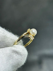 LIV 14k Solid Yellow Gold Diamonds & Pearl Hand Made Vintage Floral Band Ring Size 6.5