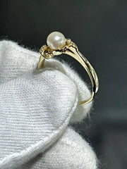 LIV 14k Solid Yellow Gold Diamonds & Pearl Hand Made Vintage Floral Band Ring Size 6.5