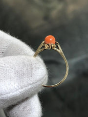 LIV 14k Yellow Gold Round Bead Red Coral Solitaire Design Halo Band Ring Size 8