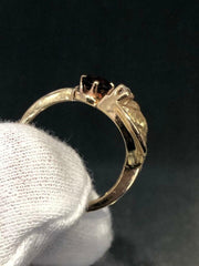 LIV 14k Yellow Gold and Genuine Diamond and Red Garnet Flower Leaf Design Band Ring Sz 6