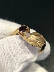 LIV 14k Yellow Gold and Genuine Diamond and Red Garnet Flower Leaf Design Band Ring Sz 6