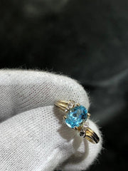 LIV 14k Yellow Gold Diamonds & Blue Topaz Oval Cut Cable Band Ring