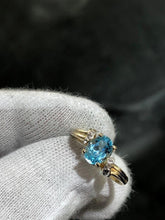 LIV 14k Yellow Gold & Diamonds Blue Topaz Solitaire Halo Design Band Ring Size 6.5