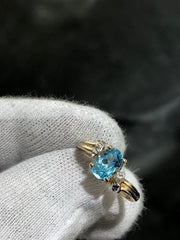 LIV 14k Yellow Gold & Diamonds Blue Topaz Solitaire Halo Design Band Ring Size 6.5