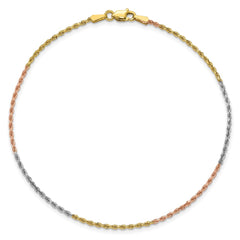 14K Tri-colored 8 inch 1.5mm Diamond-cut Rope with Lobster Clasp Chain