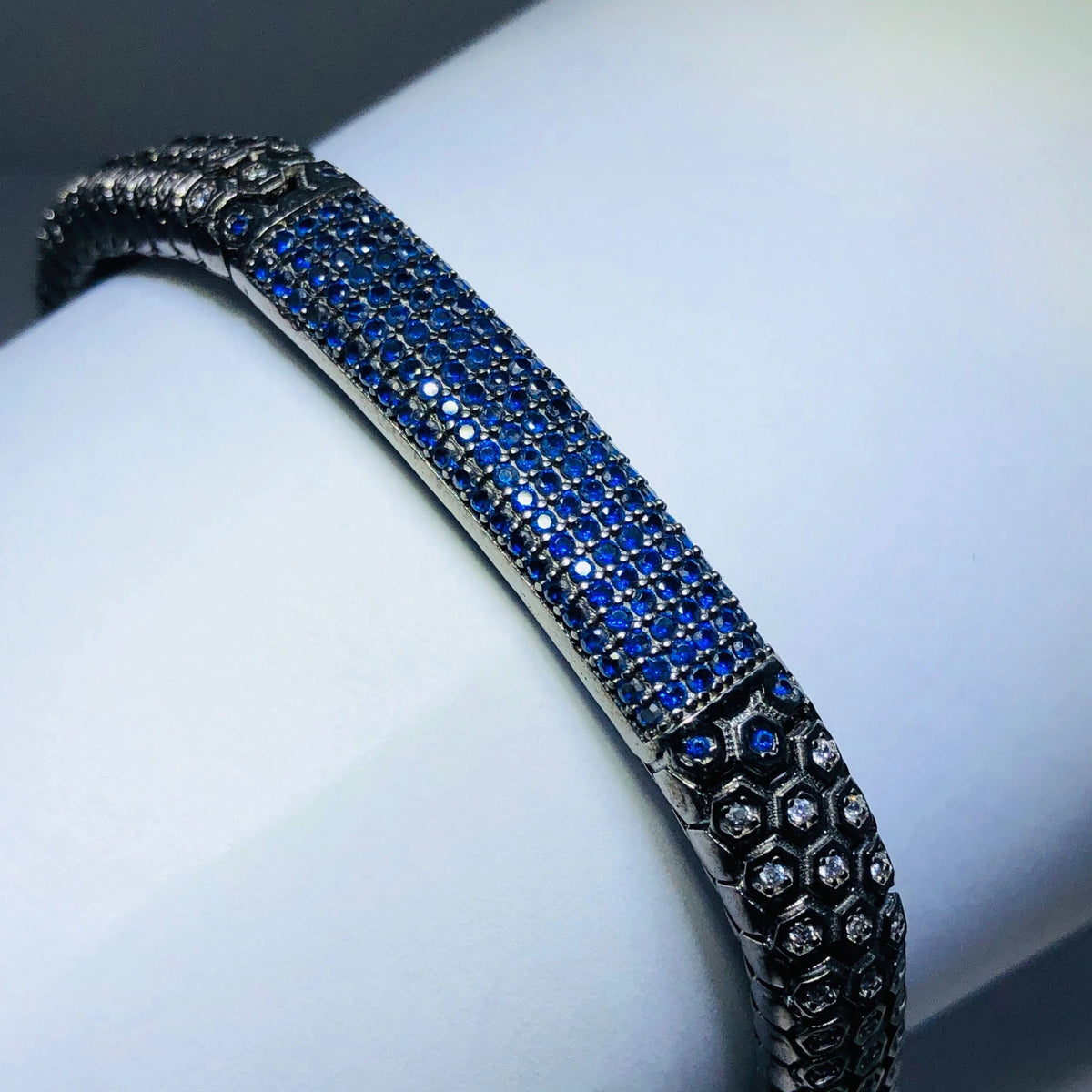 LIV 18k black gold over sterling silver blue sapphire pave bar tennis bracelet