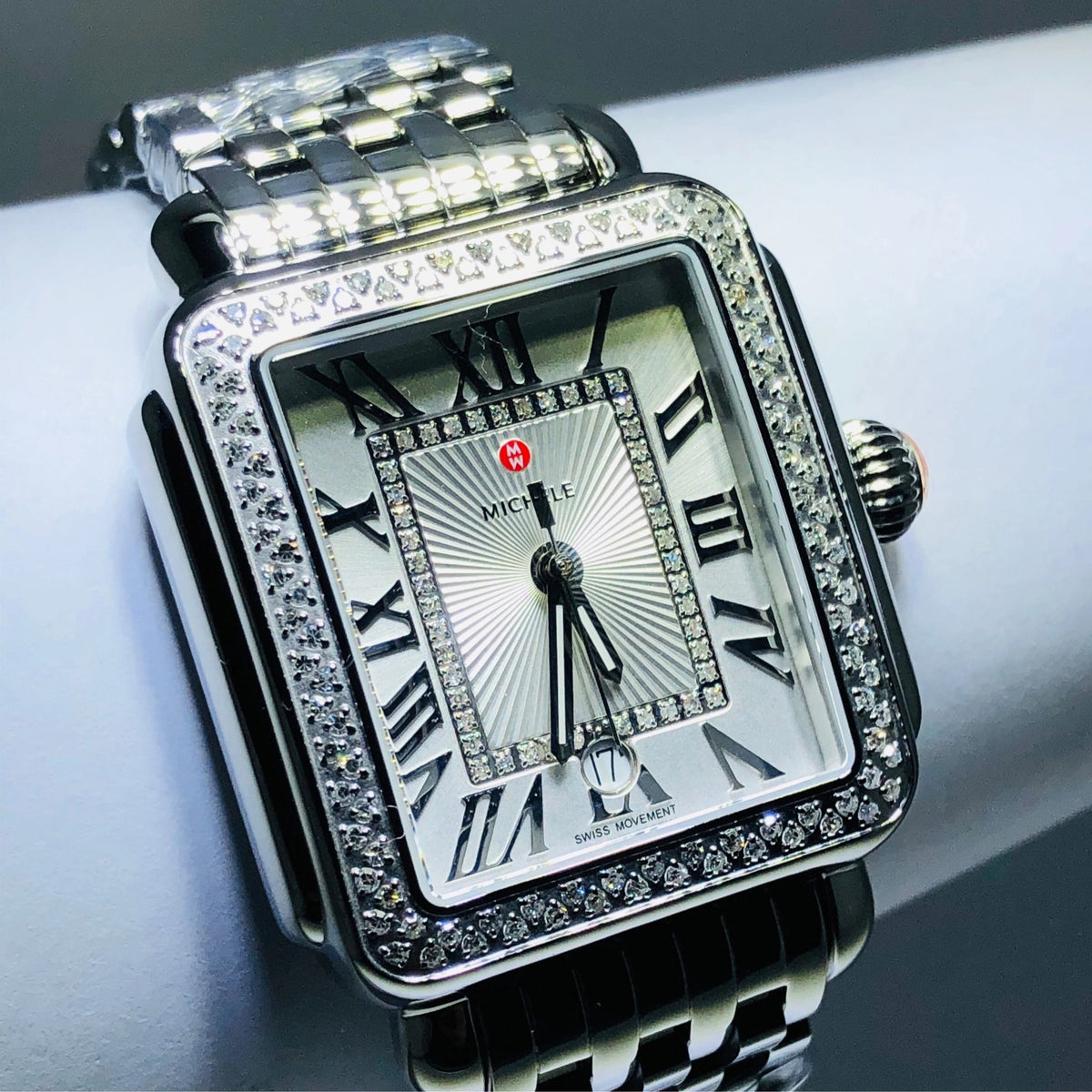 Michele deco stainless steel diamond rectangular watch