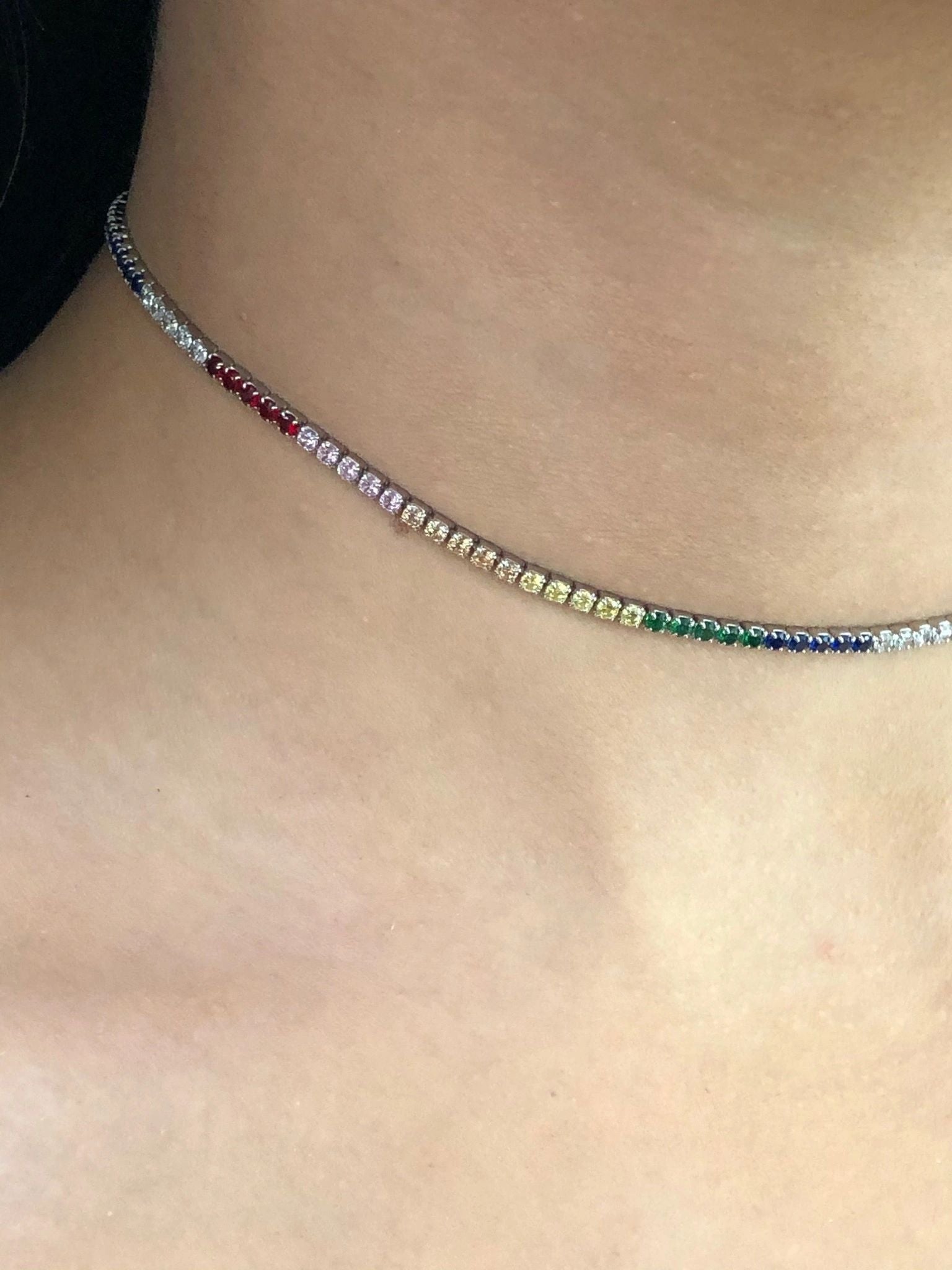 LIV Platinum over sterling silver rainbow sapphire thin choker necklace LC01