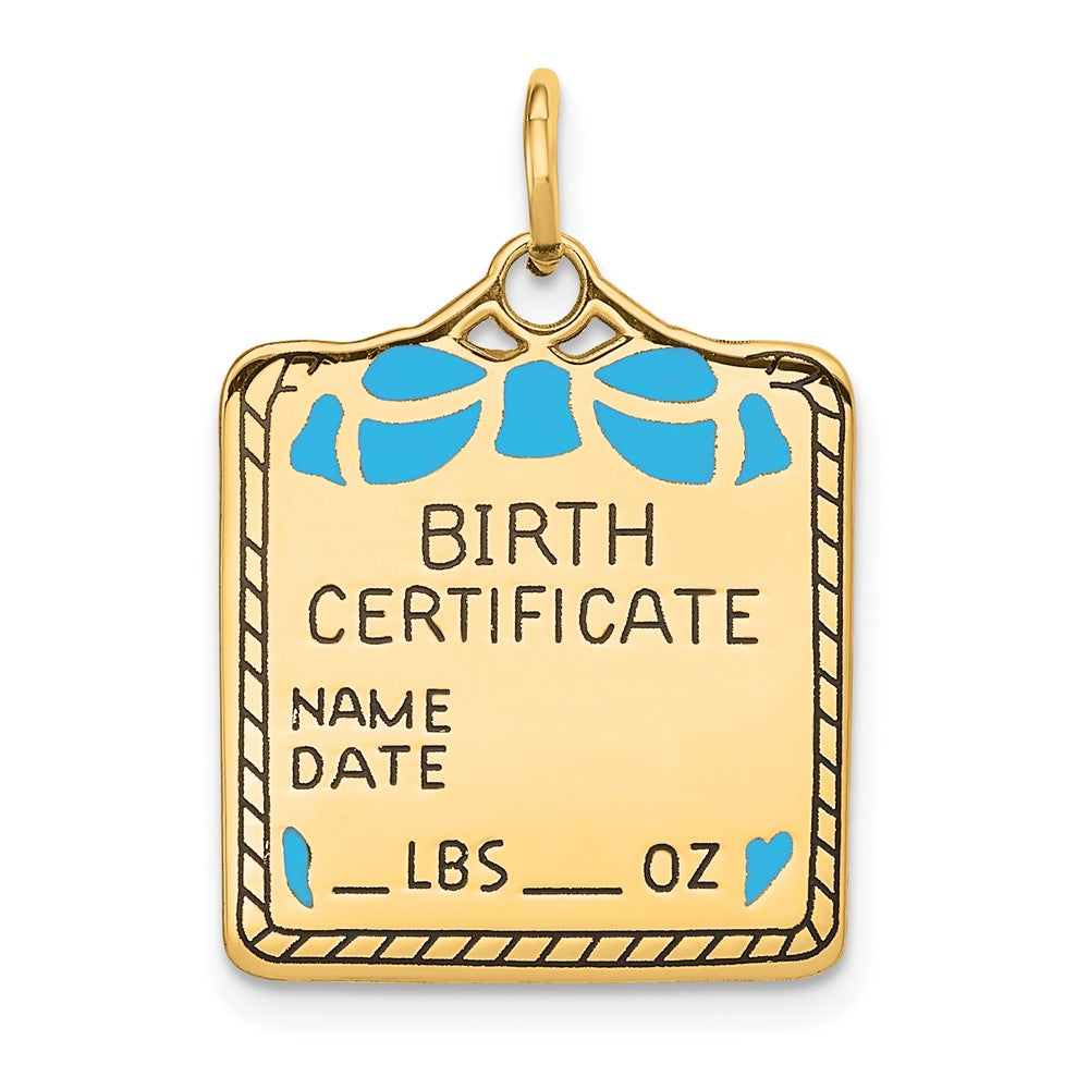 14k Enameled Blue Engravable Birth Certificate Charm - 2