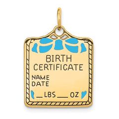 14k Enameled Blue Engravable Birth Certificate Charm - 2