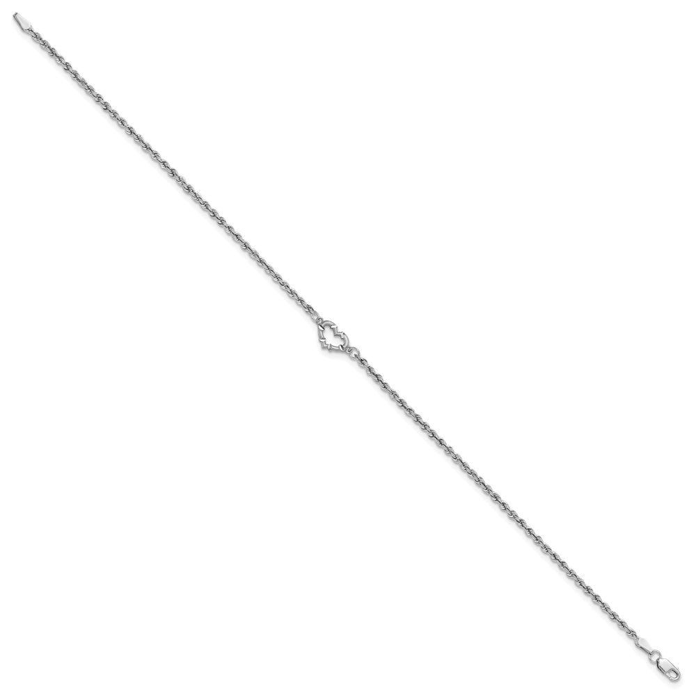 14k White Gold Diamond-cut Open Heart and Rope Chain 9 inch Anklet