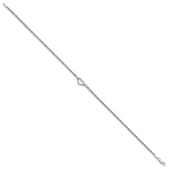 14k White Gold Diamond-cut Open Heart and Rope Chain 9 inch Anklet